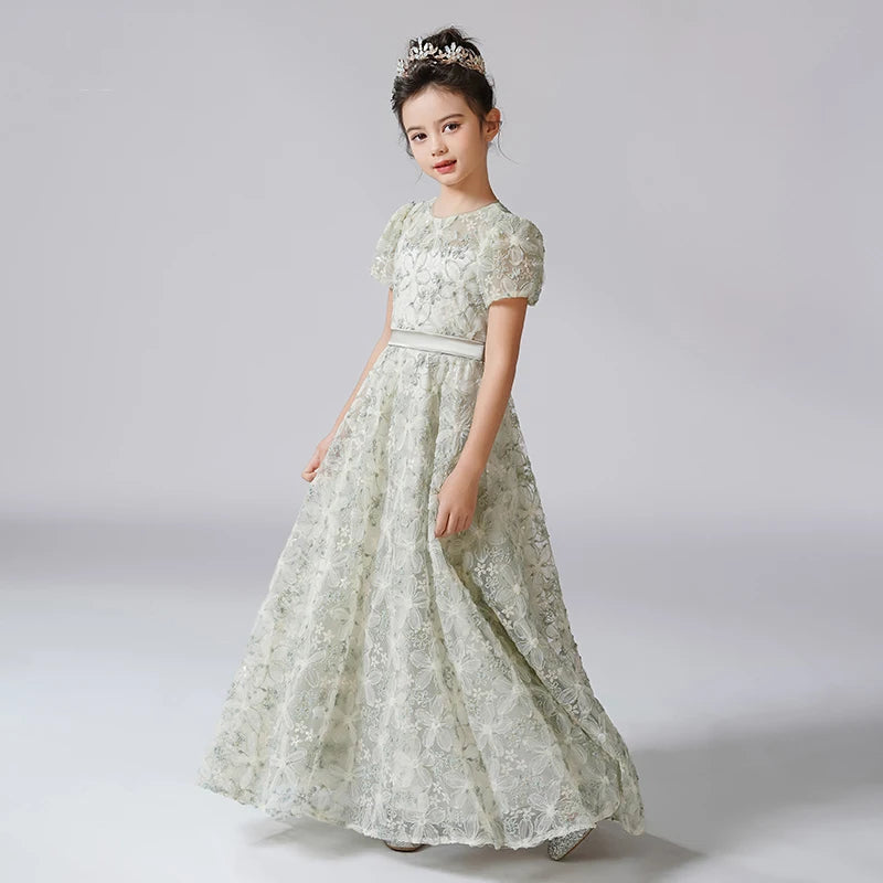 Rhinestone Floral Lace Puff-Sleeve Flower Girl Dress