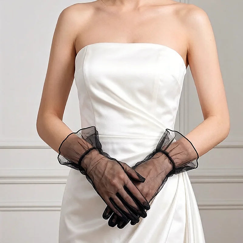 Wedding Gloves Ruffle Summer Women Short Tulle Gloves White Black Wedding Lace Full Finger Mittens Mesh Translucent Gloves