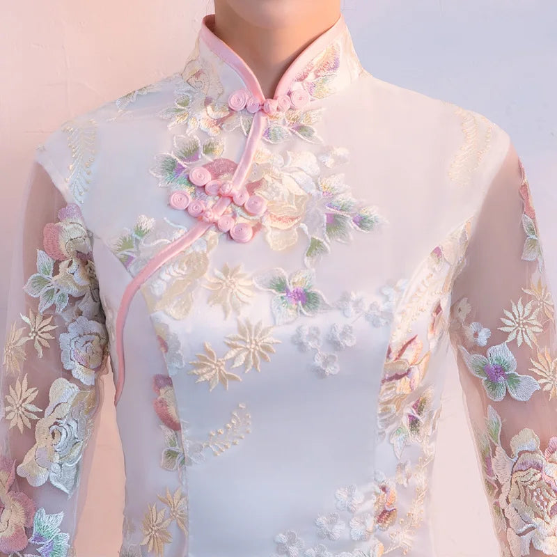 Floral Embroidered Satin Cheongsam Gown