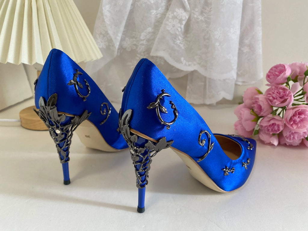 Luxury Leaves Metal Heel Pumps Women Shoes Pointed Toe Blue White Pink Black Silk Stiletto High Heels Wedding Bride Shoes 10cm