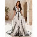 Lakshmigown Gothic Black Lace Wedding Dress V Neck Short Flutter Sleeve A Line Backless Chapel Train Bridal Gown Customized