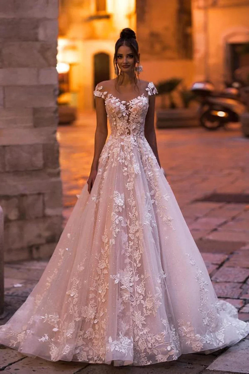 Boho Sheer Off-Shoulder Lace A-Line Wedding Dress