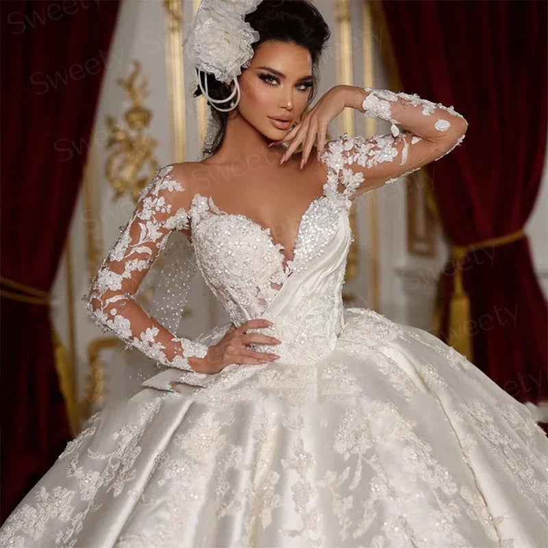 Vintage Wedding Dress Satin With  Embroidery Lace Princess Ball Gown O-Neck Full Sleeve Customized Bride Dress Vestido De Novia
