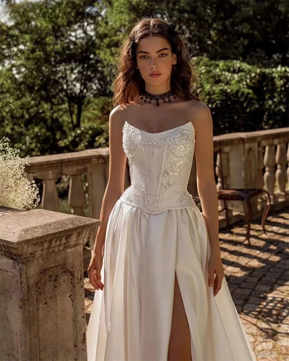 Beaded Satin A-Line Wedding Dress with Side Slit