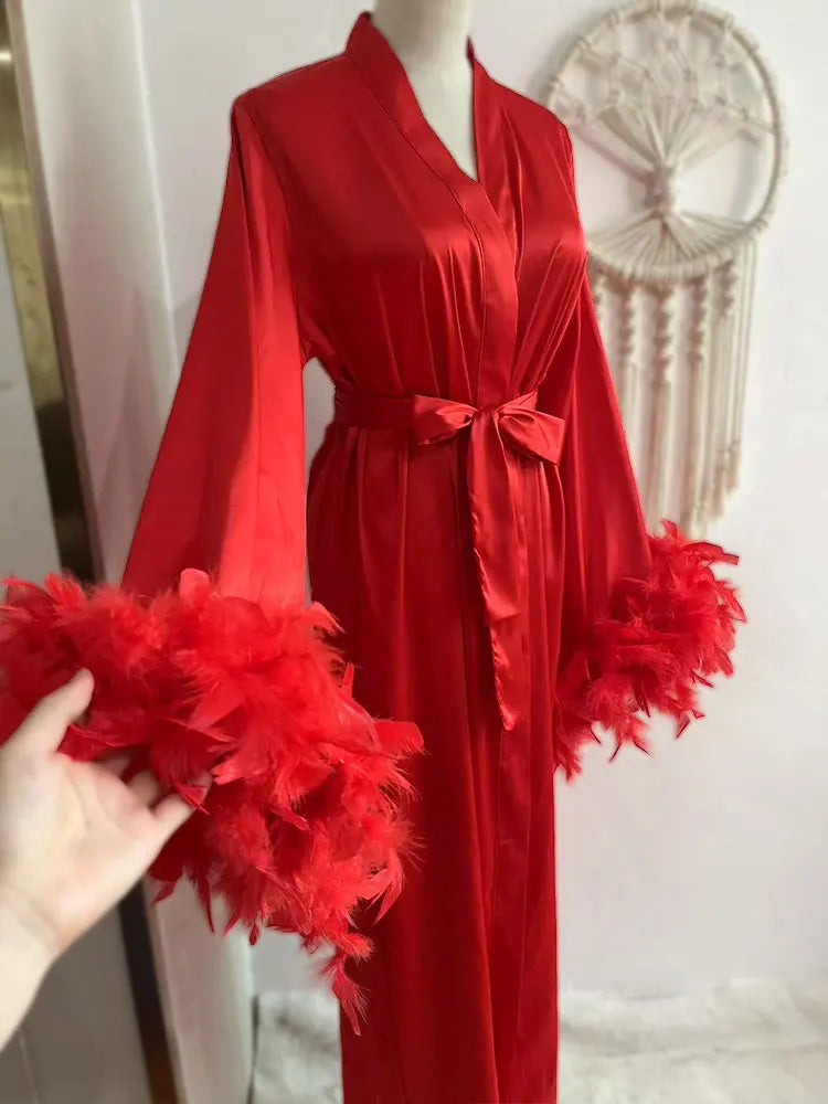 Feather Robe Long Cardinal Red Bridal Lingerie Softest Bridal Robe with Feather Boudoir Silk Kimono Bridesmaid Dressing Gown New