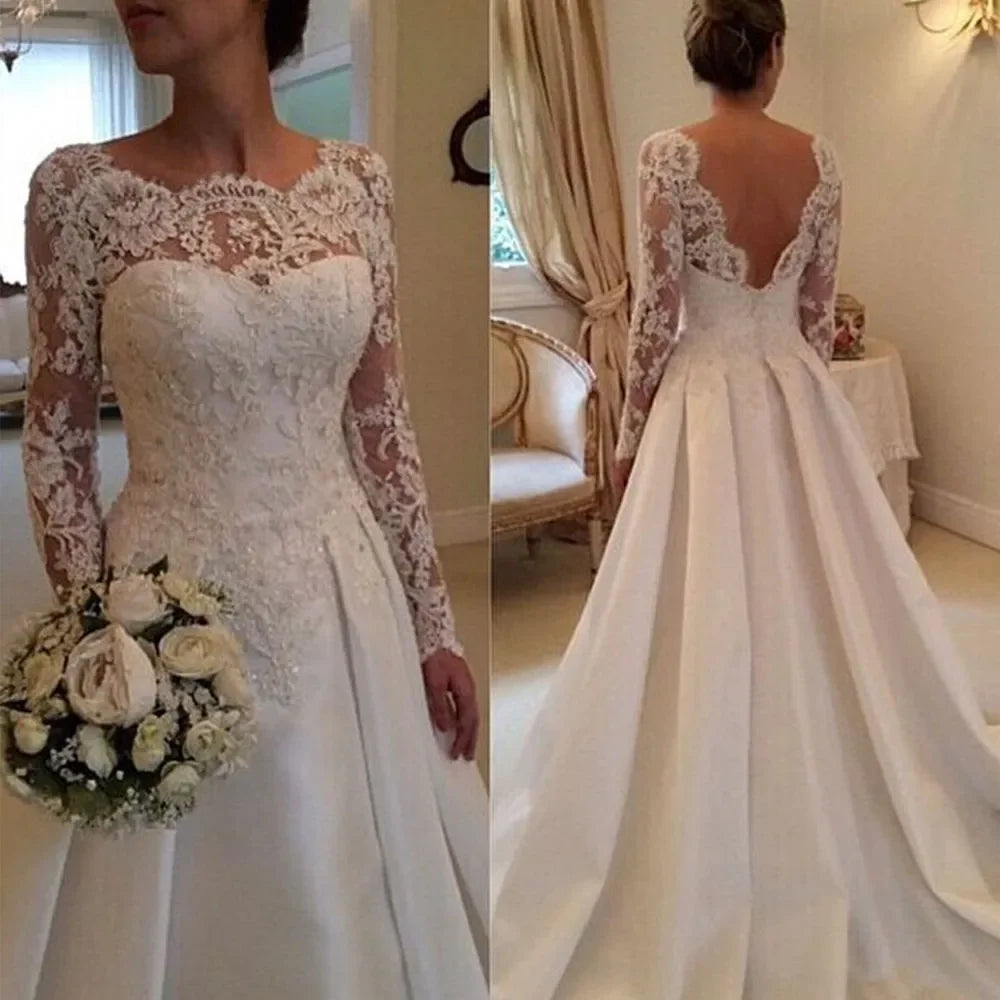 Elegant Backless Wedding Dress 2020 Vintage robe de mariée Lace Satin Long Sleeve Bride Dresses  2022 Custom Made Robe De Mariee