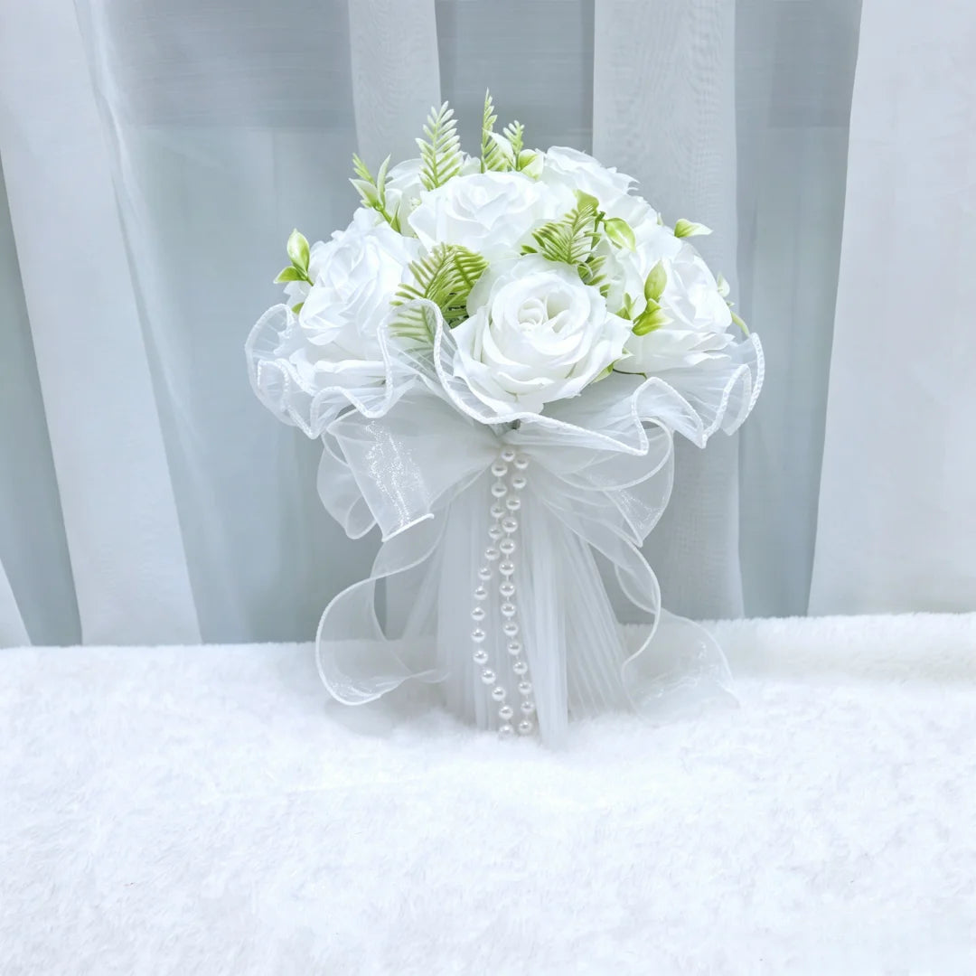 Pearl Rose Bridal Bouquet Artificial Silk Flower Hand Bouquet Pearl Lace Mesh Ball Ribbon Elegant Wedding Bridesmaid Bouquet