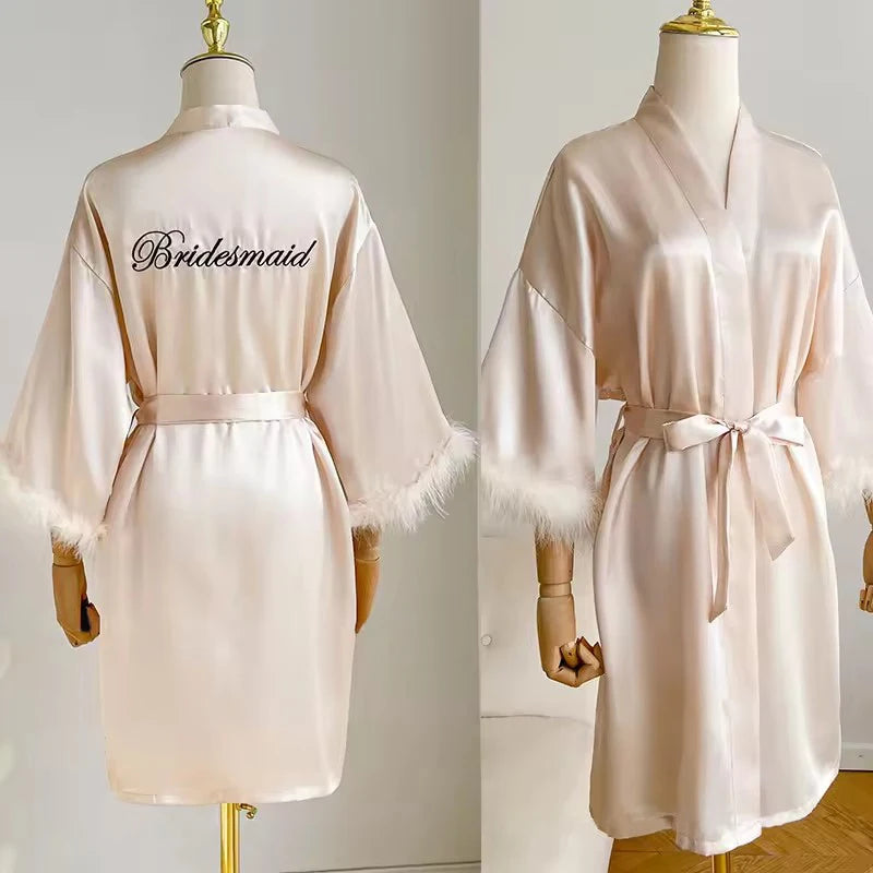 Feather Trim Satin Bridal Robe