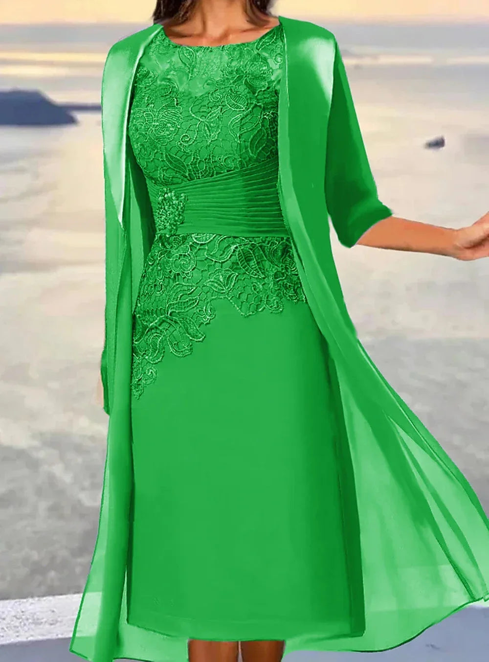Mother Of the Bride Dresses Midi Dusty Blue Length Sleeve Floral Embroidered Layered Ruched Fall Crew Neck Elegant Mature فستان