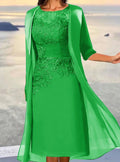 Mother Of the Bride Dresses Midi Dusty Blue Length Sleeve Floral Embroidered Layered Ruched Fall Crew Neck Elegant Mature فستان