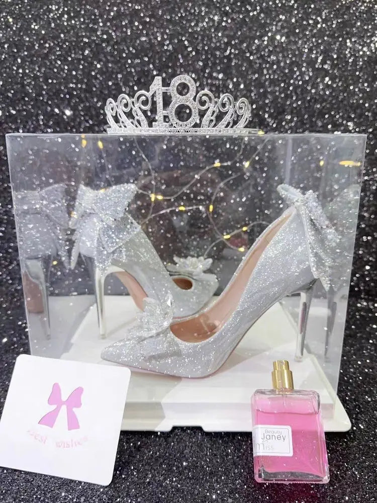 Crystal Bow Princess High Heels Silver Single Shoes Women Pointed Toe Stiletto Main Veil Bridal Wedding Shoes