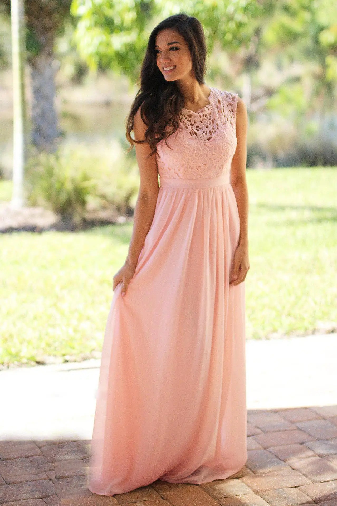 Classic Women Pink Bridesmaid Dresses Elegant Lace Chiffon A Line Illusion Back Maxi Formal Wedding Gust Gowns Formal Evening