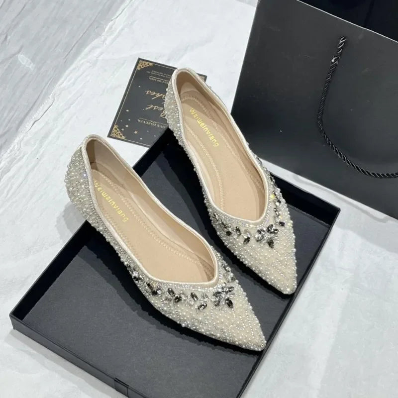 Luxury String Bead Rhinestone Brand Flat Shoes Women Comfort Square Toe Shallow Design Shoes Fashion Elegant Wedding Bridal Shoe