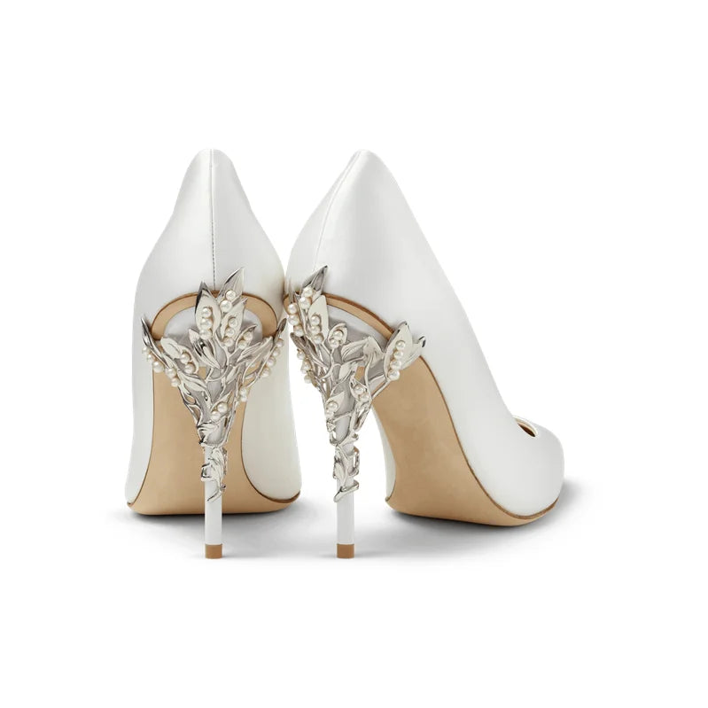 Luxury Leaves Metal Heel Pumps Women Shoes Pointed Toe Blue White Pink Black Silk Stiletto High Heels Wedding Bride Shoes 10cm