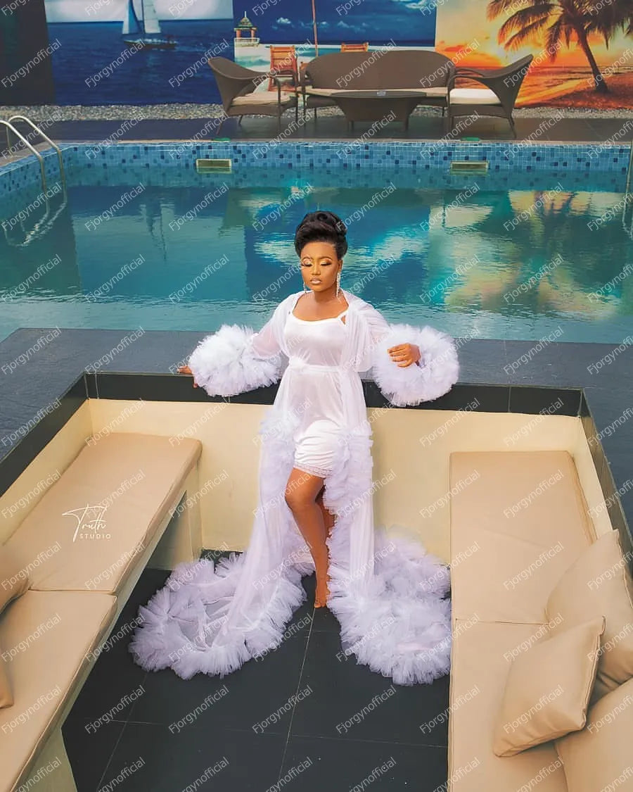 Classic Long Bridal Tulle Robes For Wedding Puffy Long Sleeves   With Train See Thru Custom Made Women Aso Ebi Evening Gowns