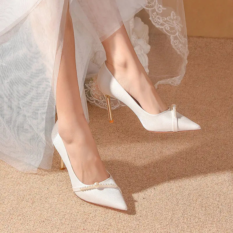 Women's Summer Footwear Bride Pumps Shoes for Woman 2025 Wedding Shoe on Heeled Pointed Toe Pearl Stilito High Heels Popular 39