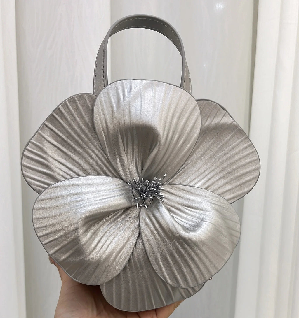 3D Floral Soft PU Leather Women Small Bucket Handbag Wedding Purse Dress Party Evening Bridal Clutch Bag
