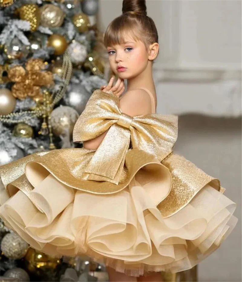 Puffy Satin Glitter Flower Girl Dress