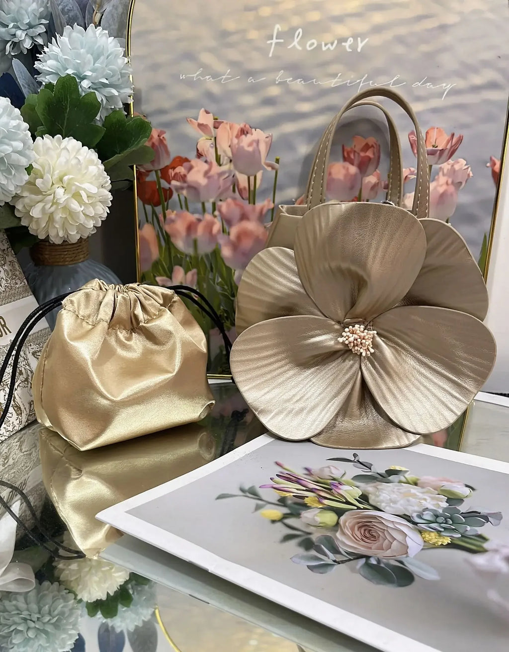 3D Floral Soft PU Leather Women Small Bucket Handbag Wedding Purse Dress Party Evening Bridal Clutch Bag