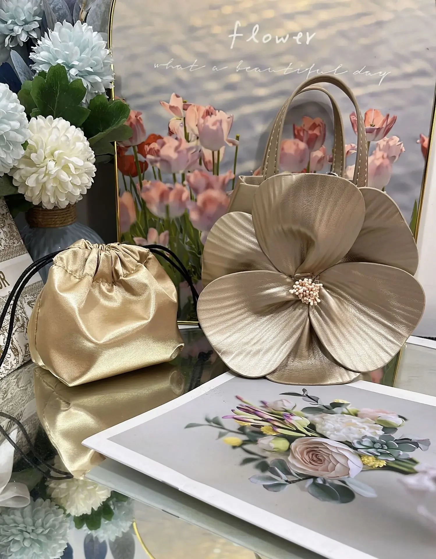 3D Floral Soft PU Leather Women Small Bucket Handbag Wedding Purse Dress Party Evening Bridal Clutch Bag