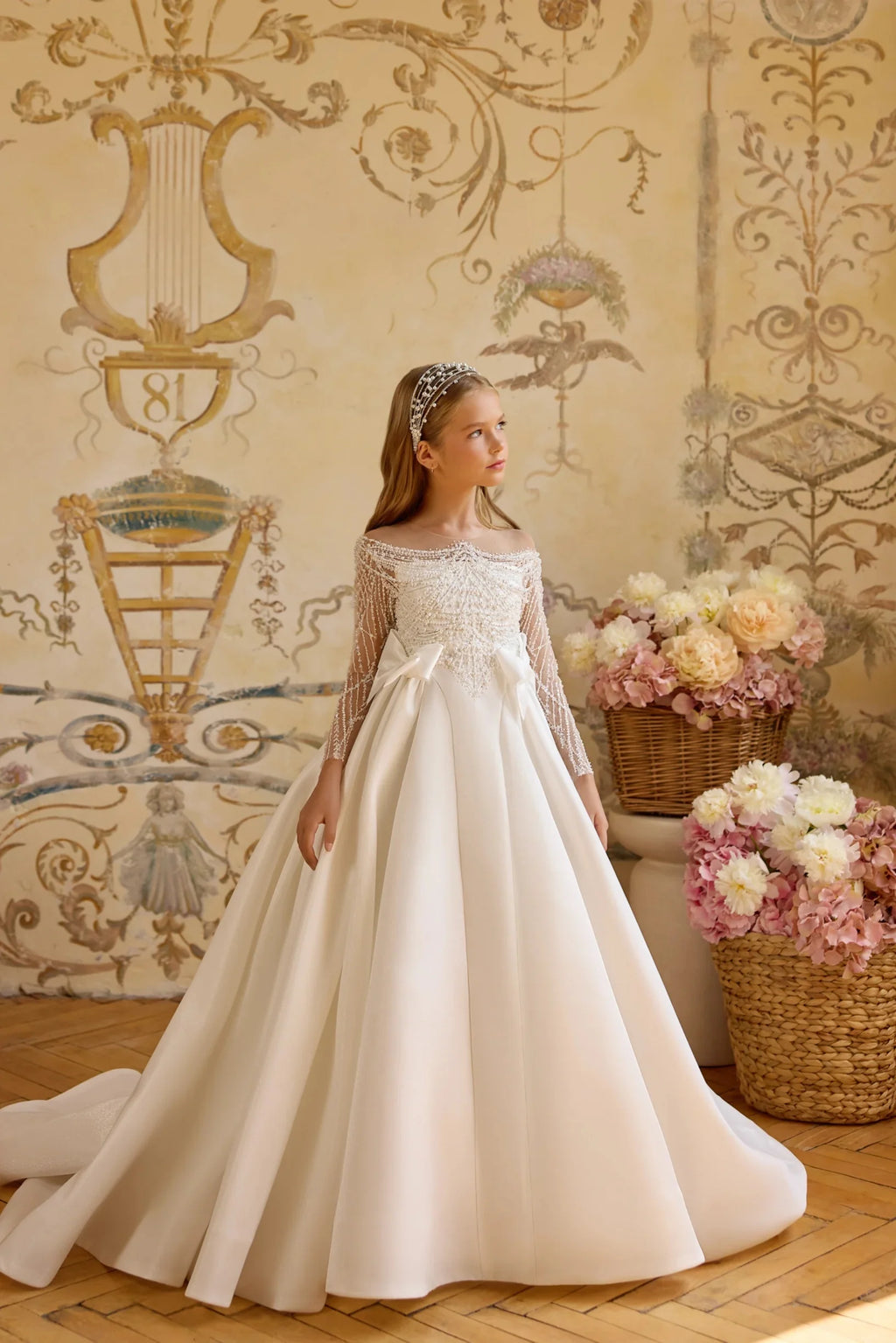 Pearl Beaded Ball Gown Flower Girl Dress