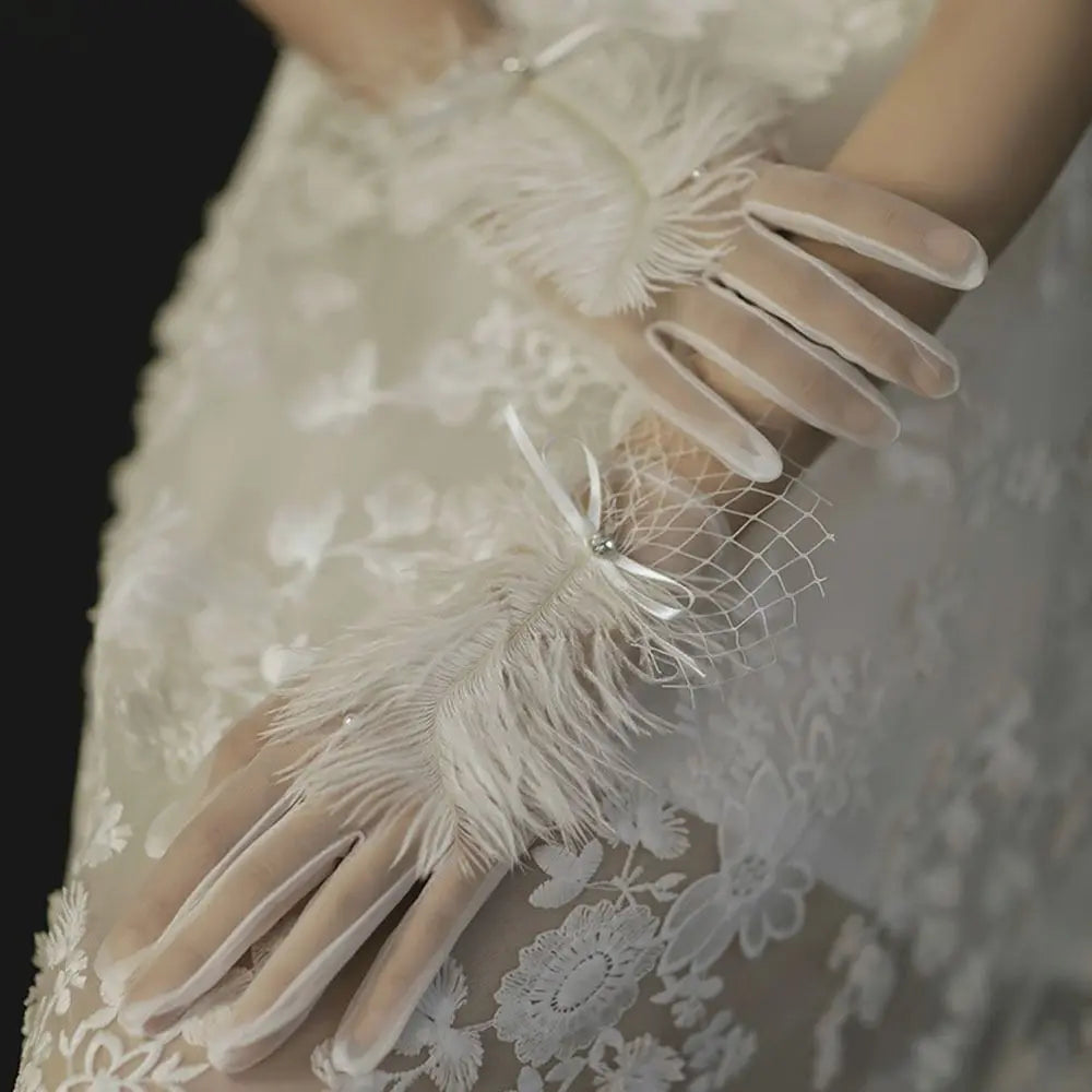 Wrist-Length Satin Bridal Gloves with Pearl and Bow