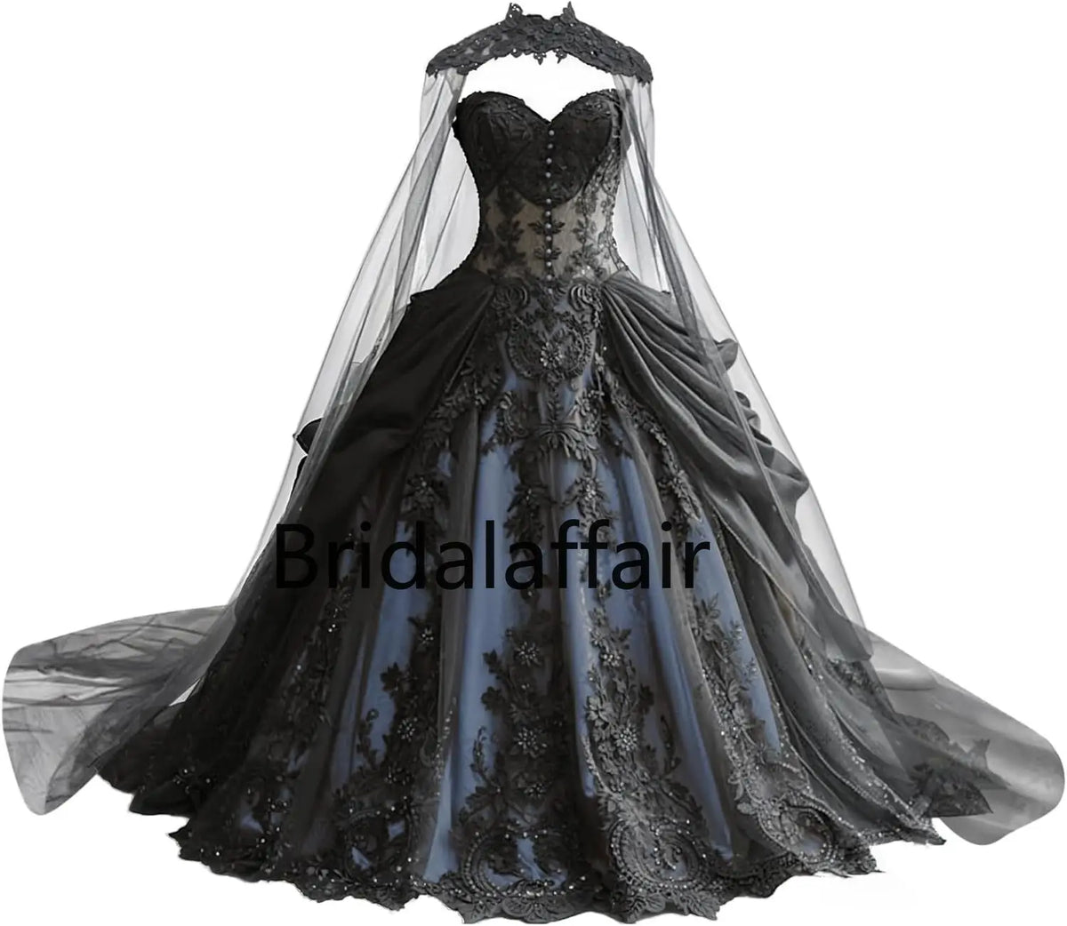 Gothic Weeding Dresses for Brides Black Lace Applique Bridal Dresses Embroidery Tiered Tulle Wedding Gowns with Cape