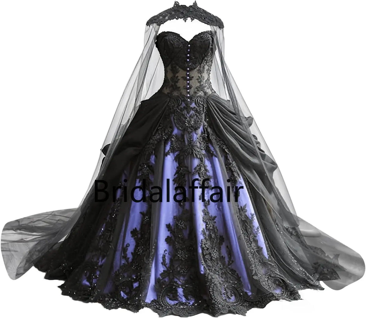 Gothic Weeding Dresses for Brides Black Lace Applique Bridal Dresses Embroidery Tiered Tulle Wedding Gowns with Cape