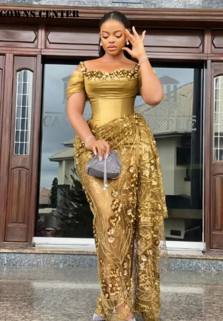 Fabulous Brown Lace Evening Dresses African Traditional Wedding Bride Dress Luxury Beads Lace Birthday Dress Asoebi Costomized