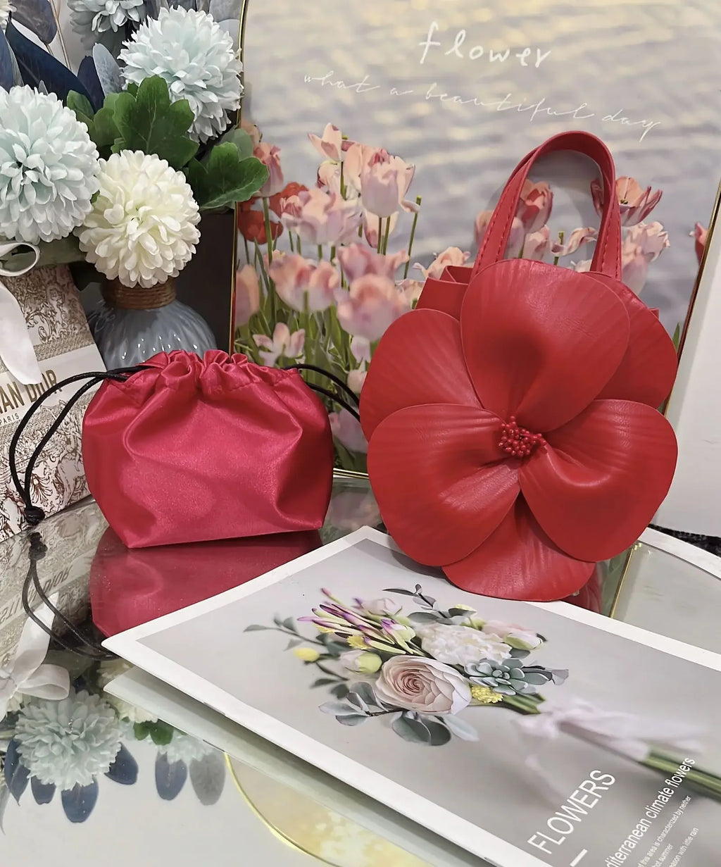 3D Floral Soft PU Leather Women Small Bucket Handbag Wedding Purse Dress Party Evening Bridal Clutch Bag