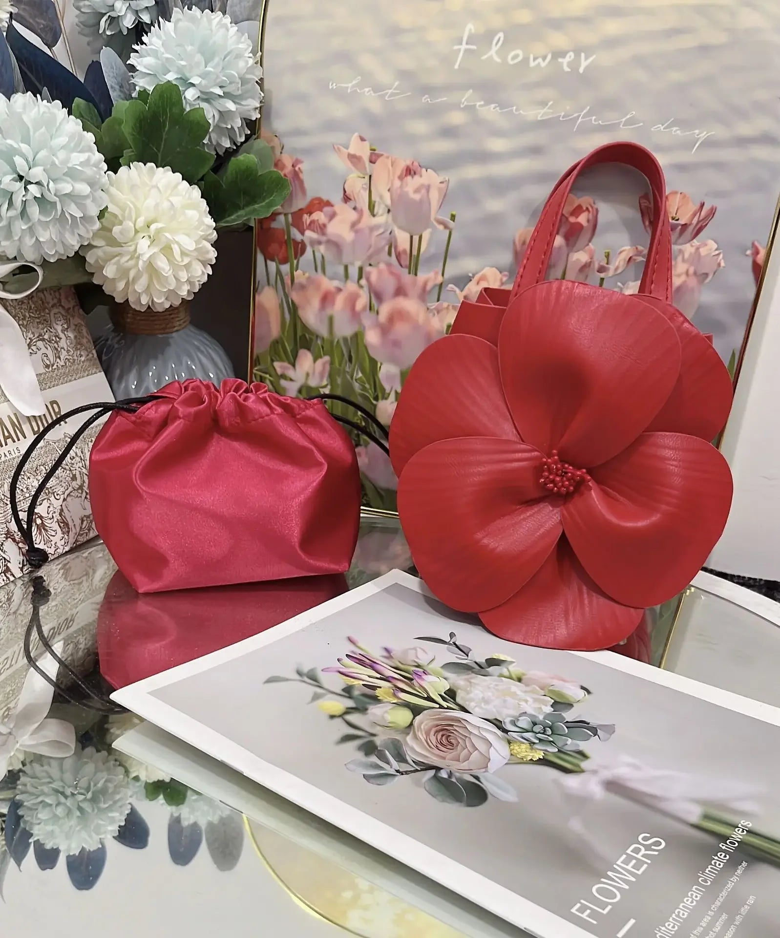 3D Floral Soft PU Leather Women Small Bucket Handbag Wedding Purse Dress Party Evening Bridal Clutch Bag