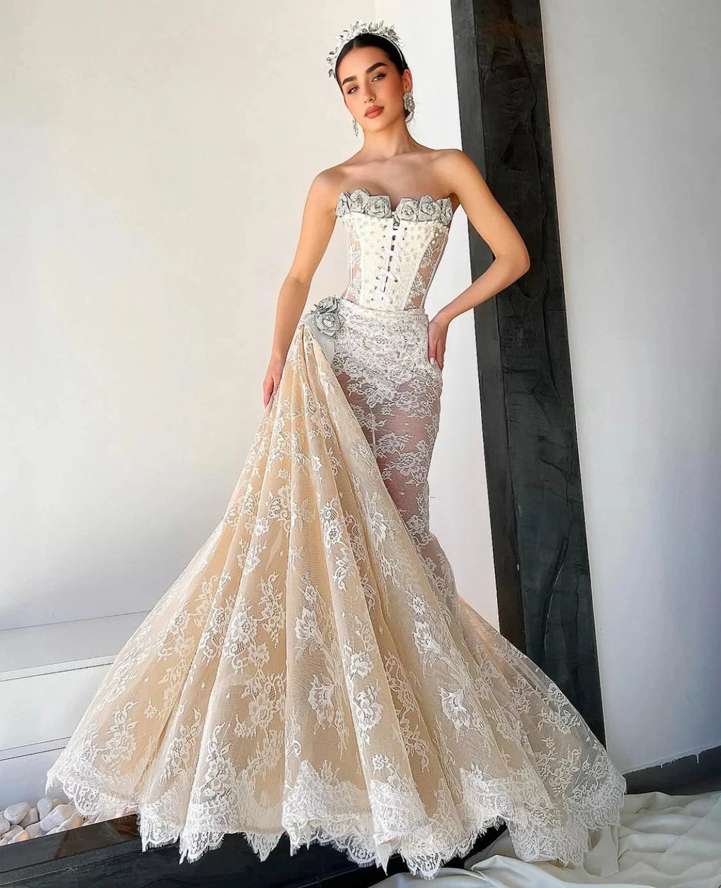 Champagne Wedding Dresses Mermaid Lace Pearls Bridal Gown Saudi Arabic Dubai Islamic Middle Eastern Vestido De Noiva Customized