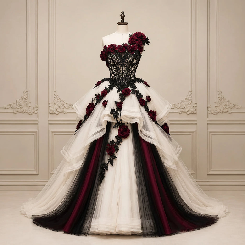 Gothic Black Burgundy Wedding Dress One Shoulder Ivory Tulle Ball Gown Lace Corset 3D Floral Medieval Bridal Dresses Customized