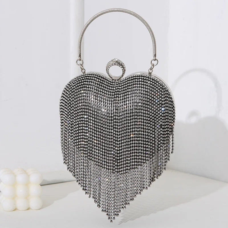 Heart Pattern Diamond Tassel Clutch