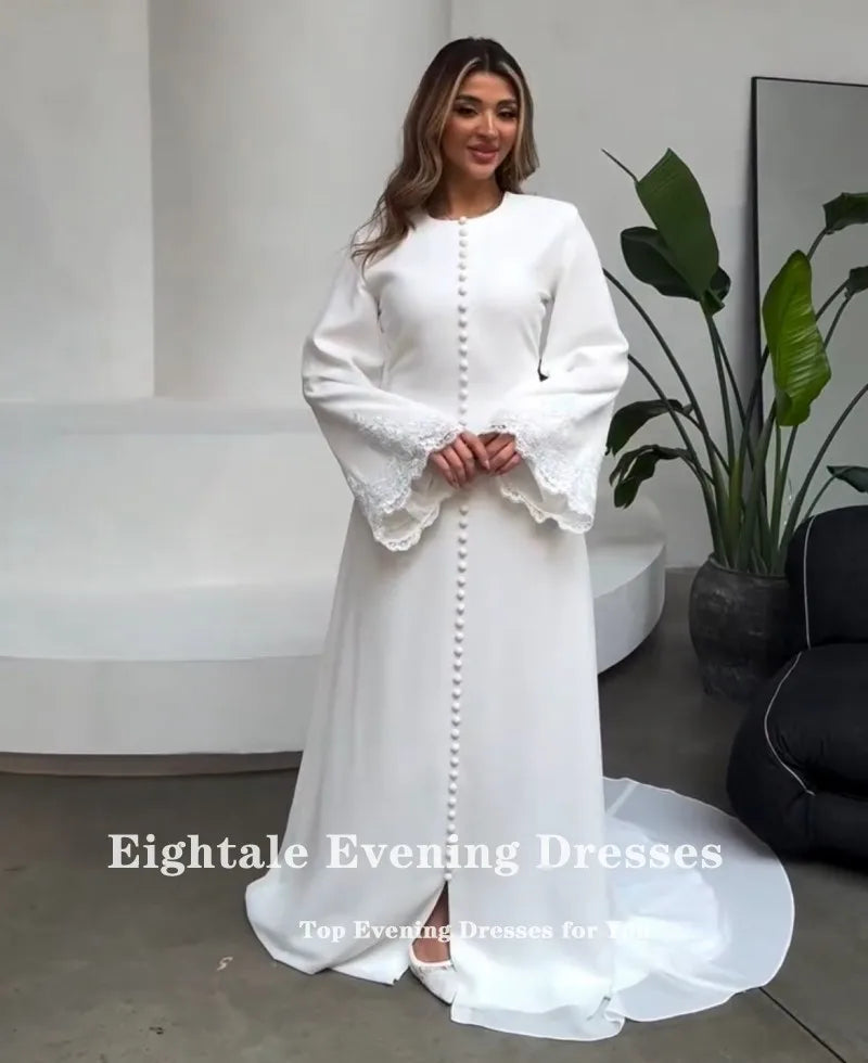 Eightale Arabic Wedding Dresses O-Neck Lace Mermaid Muslim Buttons White Ivory Customized Modest Bridal Gowns Vestidos De Novia