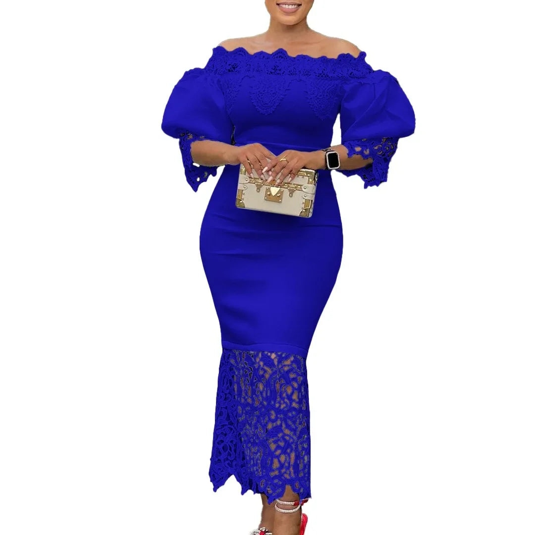 Off-Shoulder Lantern Sleeve Lace Sheath Dress
