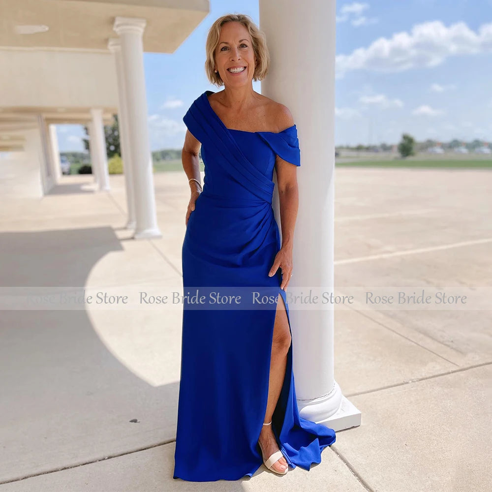 Mother of the Bride/Groom Dresses Dark Royal Blue Side Slit Wedding Guest Gown for Woman One Shoulder Mermaid Evening Dress Long
