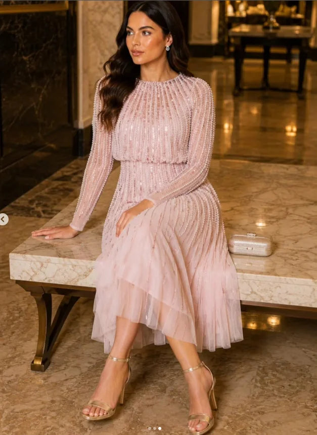 Pink Luxury Knee-length Mother of the Bride Dresses Beaded Sequins Long Sleeve Wedding Party Mother Guest Gown Customized