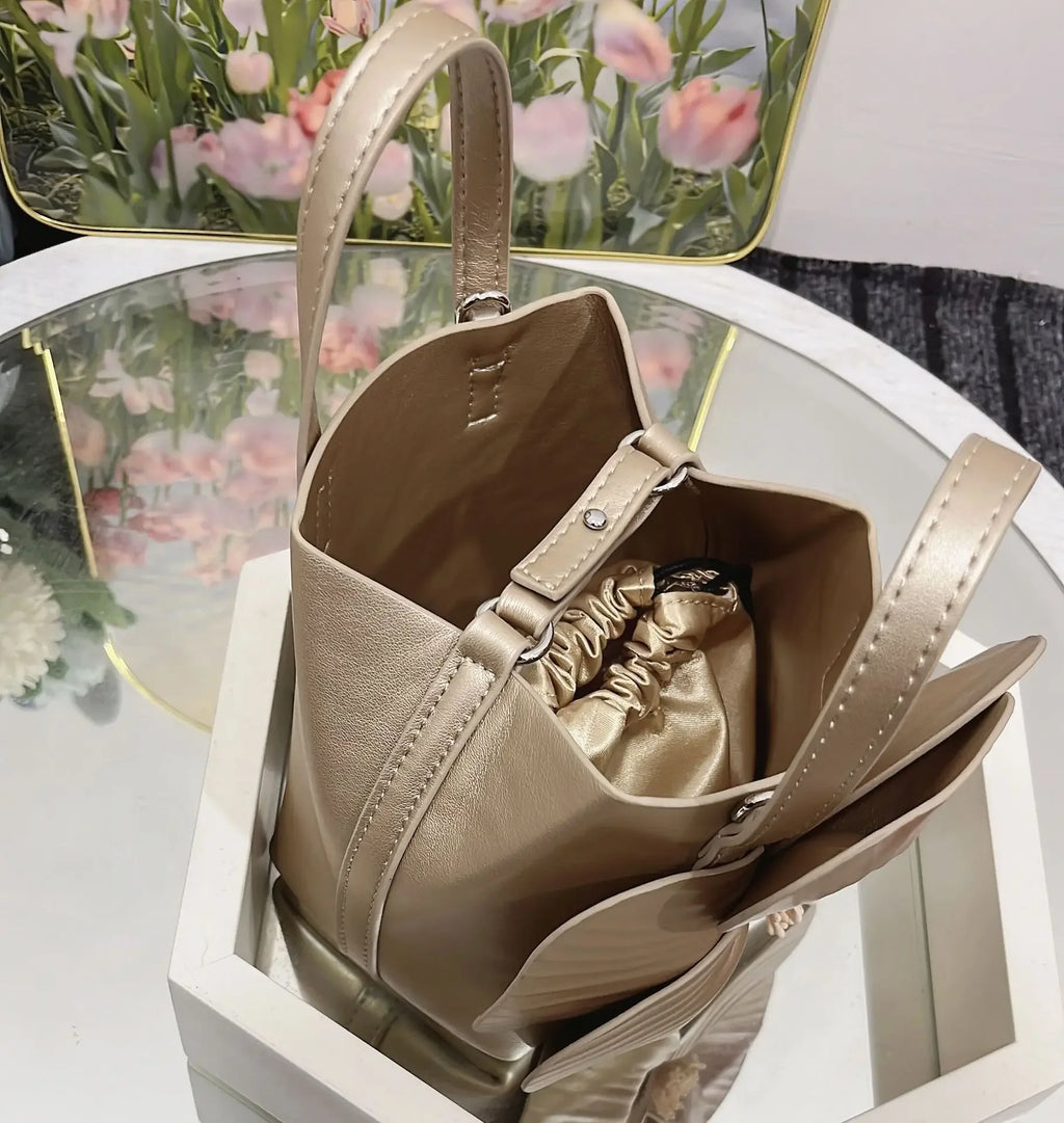 3D Floral Soft PU Leather Women Small Bucket Handbag Wedding Purse Dress Party Evening Bridal Clutch Bag