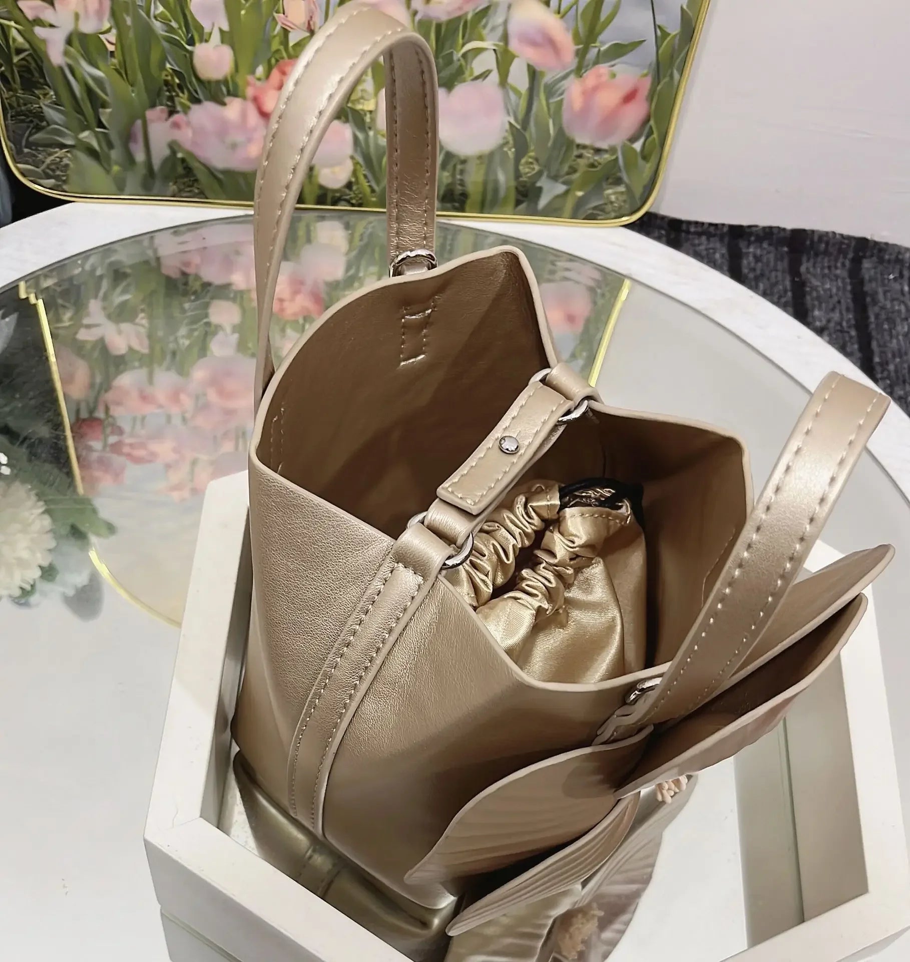 3D Floral Soft PU Leather Women Small Bucket Handbag Wedding Purse Dress Party Evening Bridal Clutch Bag