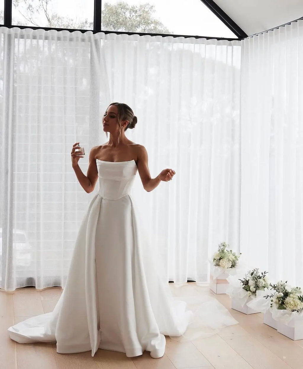 Pleated Satin A-Line Princess Wedding Dress with Side Slit