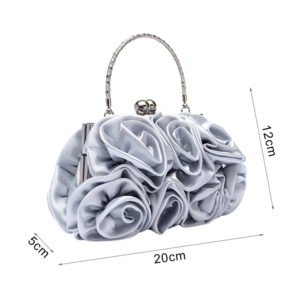 Women Girls Silk Rose Flower Handbag Wedding Bridal Clutch Bag Metal Chain Shoulder Bag Lady Crossbody Bags Purse Chic Tote Bag