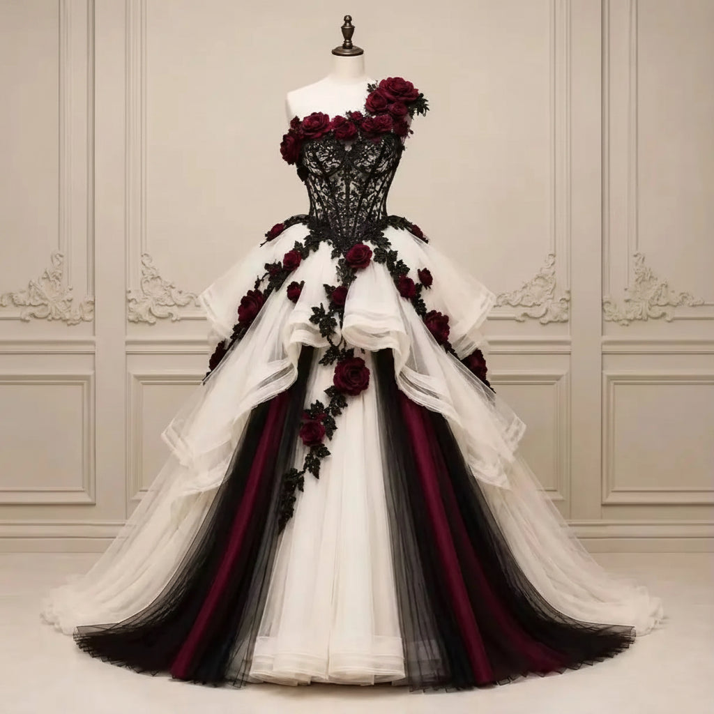 Gothic Black Burgundy Wedding Dress One Shoulder Ivory Tulle Ball Gown Lace Corset 3D Floral Medieval Bridal Dresses Customized