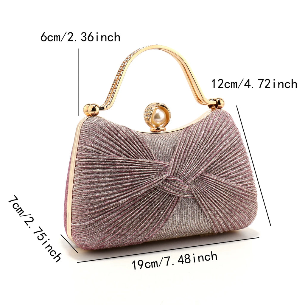 Bow Design Ruched Fashion Women Evening Bags Pink Color Sequined Glitter Metal Pearl Handbags Banquet Lady Wedding Bridal Purse