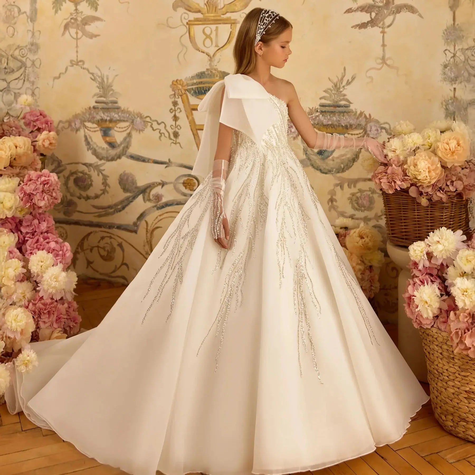 One-Shoulder Beaded Flower Girl Gown