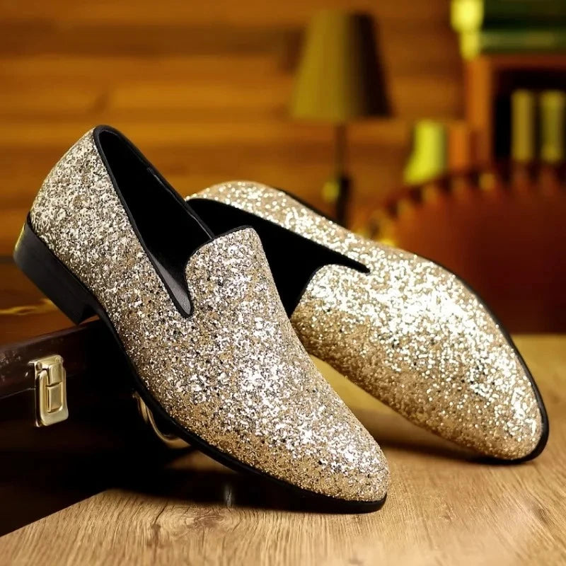 Men Formal Party Shoes New Luxury Loafers Men Gold Silver Sequin Wedding Shoe Fashion Designer Slip on Flats High Quality