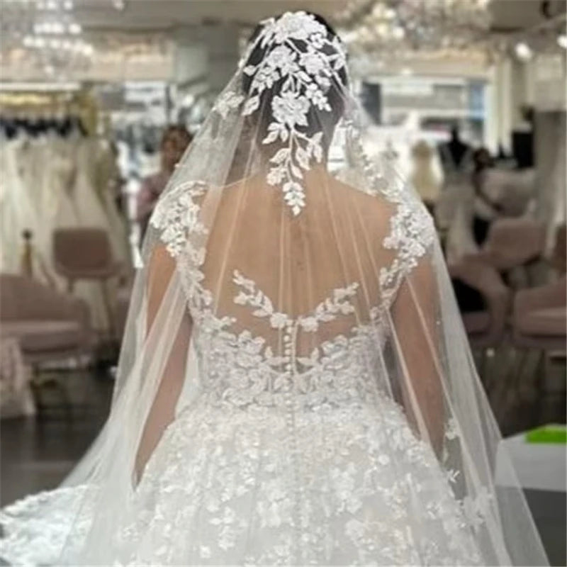 Full Lace Edge Mantilla Wedding Bridal Veils Cathedral Long Embroidered Ivory Tulle Floral Flowers Leaves Outdoor Church Brides