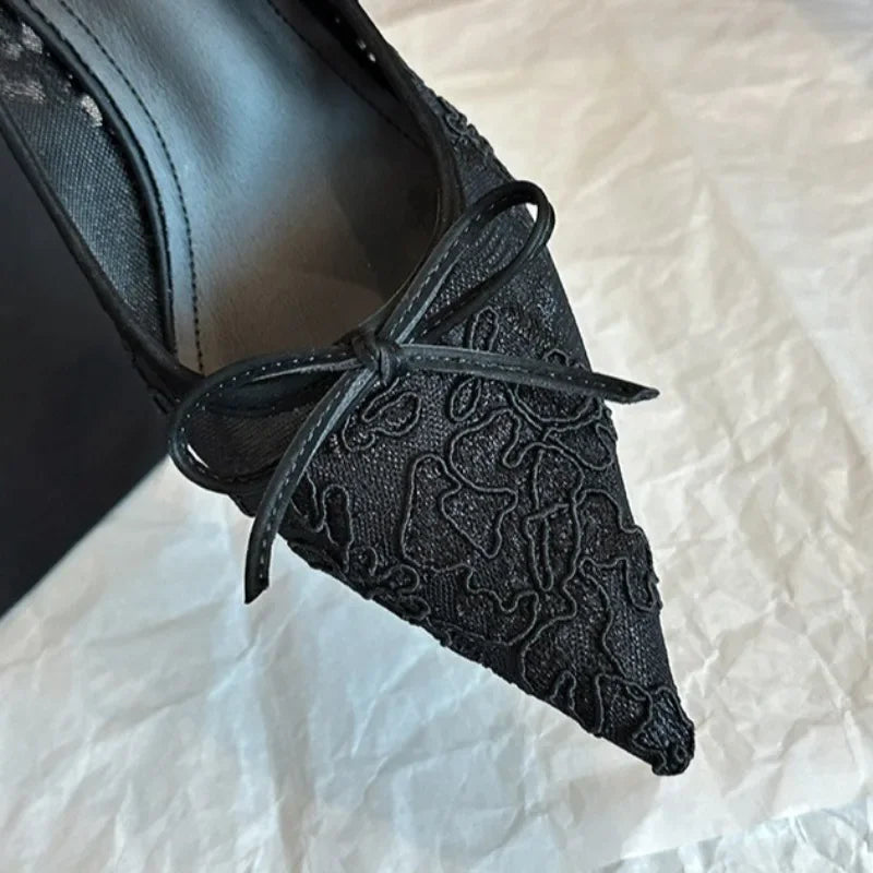 Wedding Shoes Bridal Pumps for Women Elegant Lace with Bow Decor Pointed Toe Mesh Stiletto Heels Comfortable Classic Party