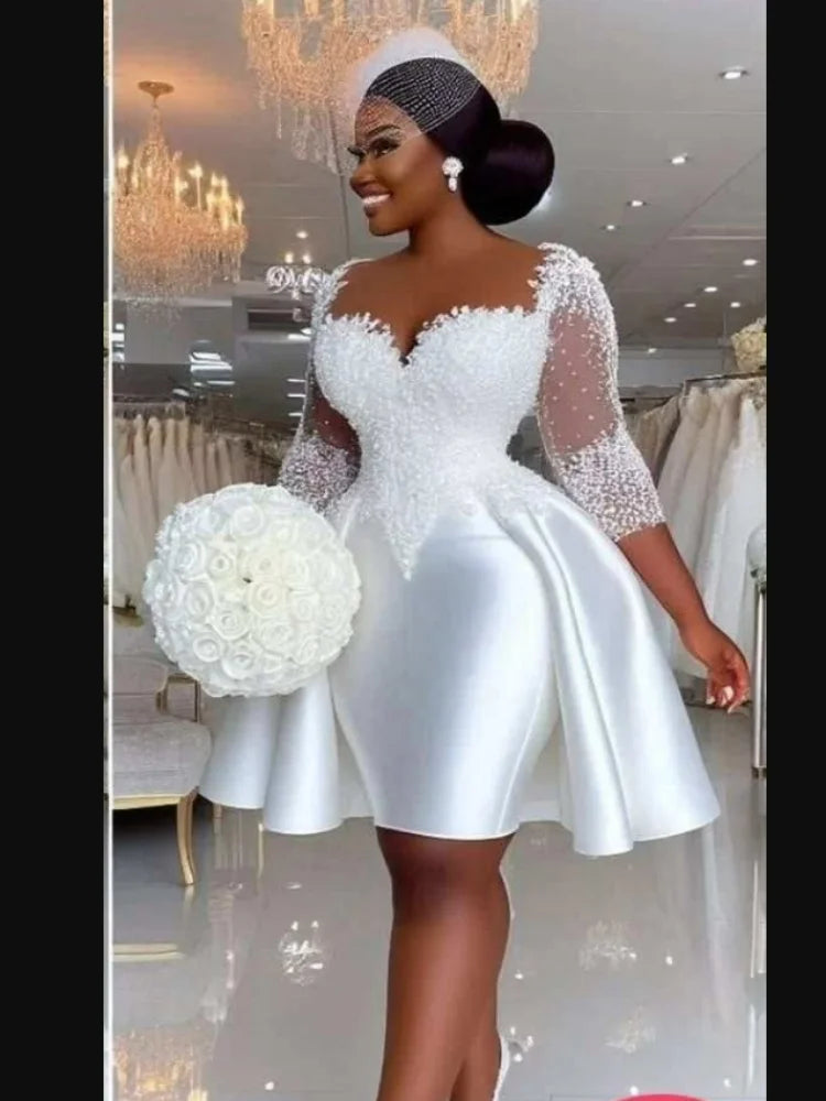 Sheer Neck Beaded Knee Length Wedding Dress