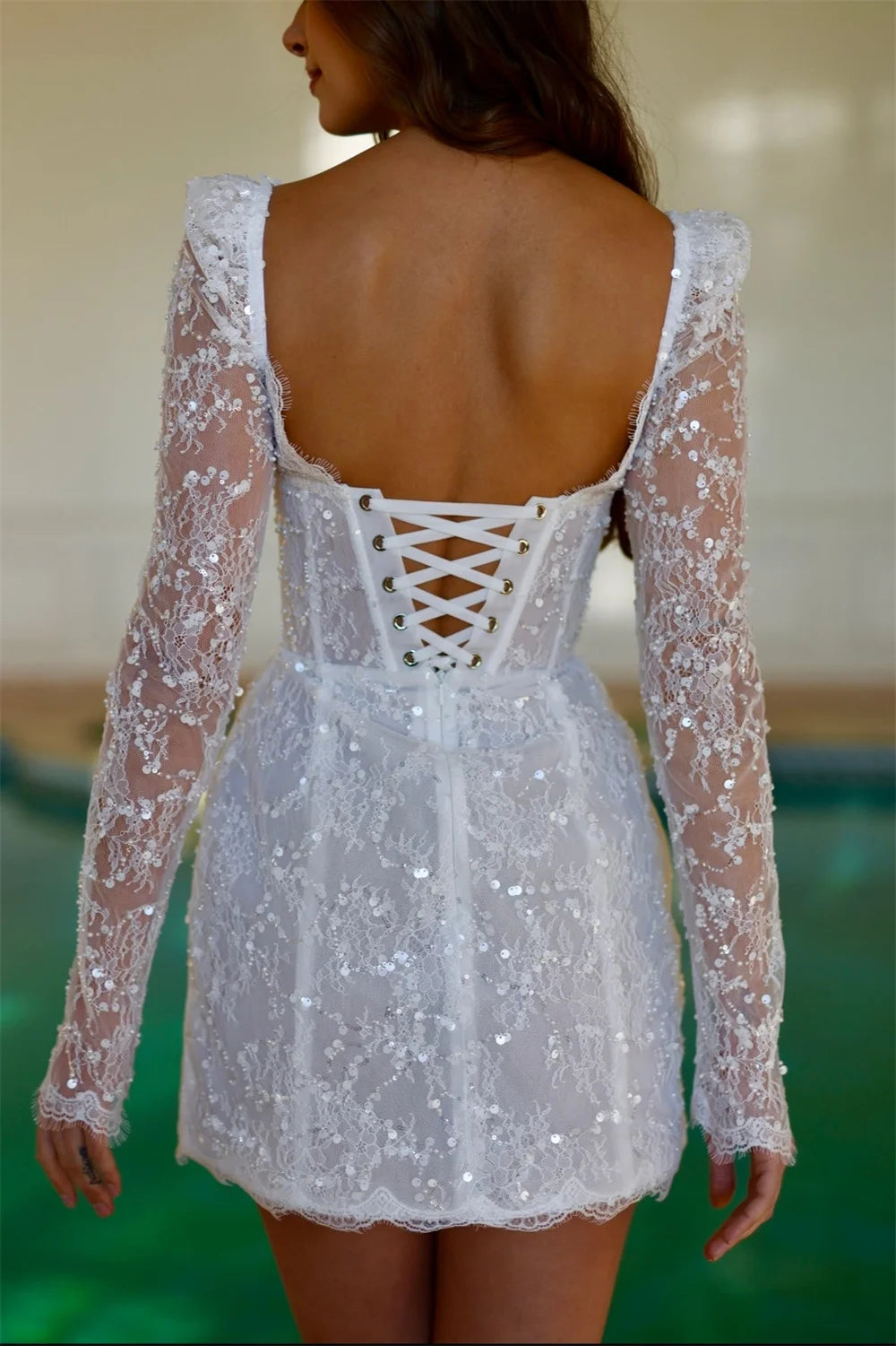 Customized Mini Skirt Square Neck Sequin Lace Wedding Dress Long Sleeves vestidos de novia Lace-up Back Short Gown After Party